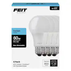 FEIT ELECTRIC
Daylight 5000K
60w Replacement 10w LED
Non-Dimmable
4 Pack
A19 | Indoor / Outdoor*
E26 Standard Base
Brightness 800 lumens
Estimated Energy Cost $1.20 per year
Lasts 10 Years