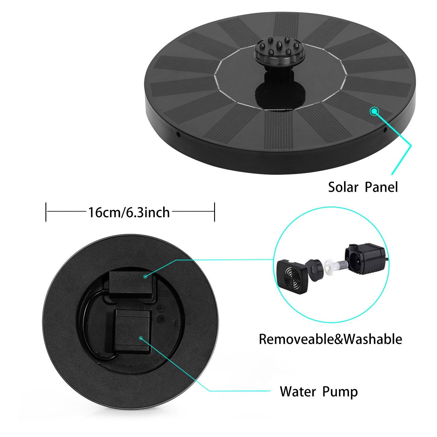 Solar Panel 16cm/6.3inch  
Removeable&Washable Water Pump