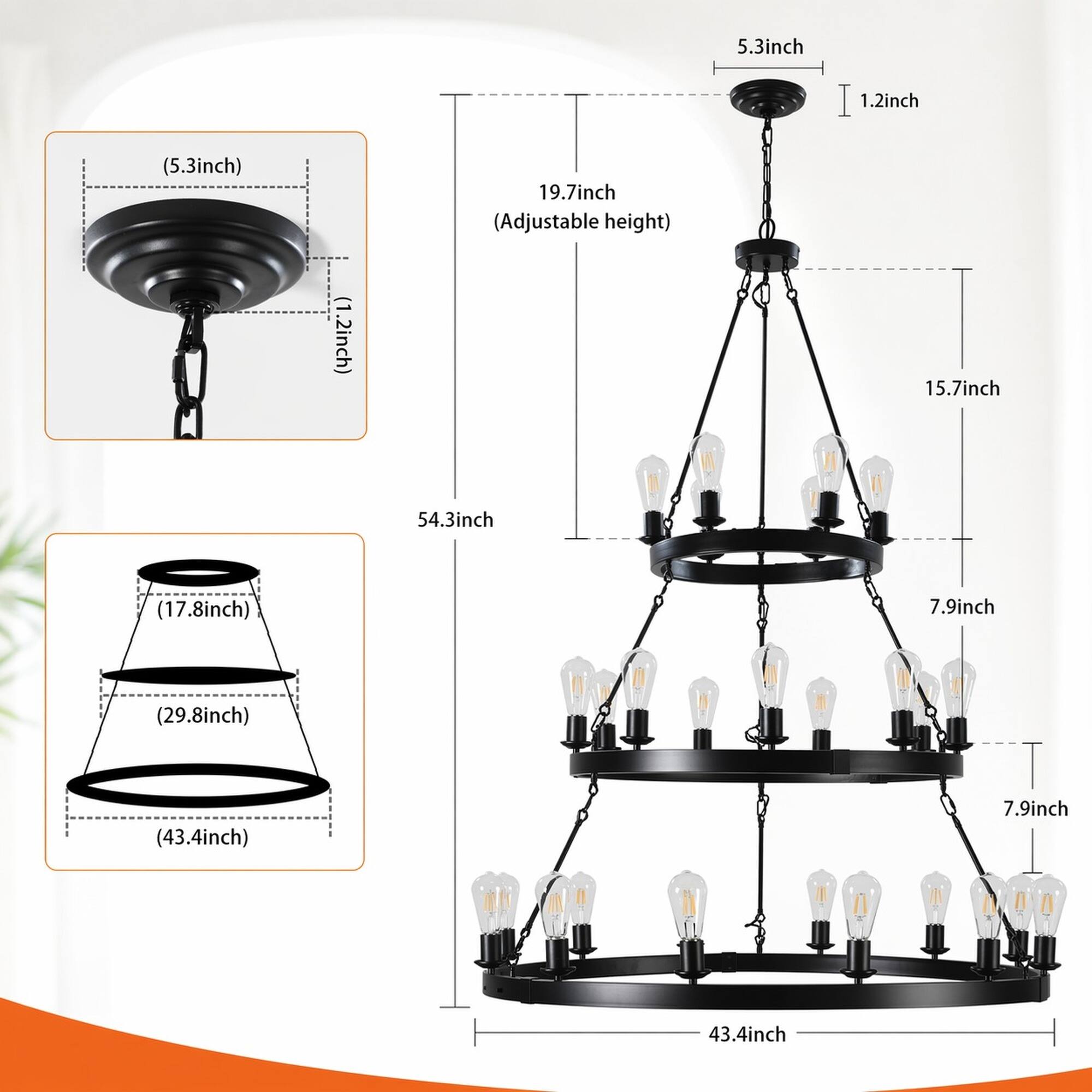 5.3 inch  
1.2 inch  
(5.3 inch)  
(1.2 inch)  
19.7 inch (Adjustable height)  
15.7 inch  
54.3 inch  
(17.8 inch)  
7.9 inch  
(29.8 inch)  
(43.4 inch)  
7.9 inch  
43.4 inch