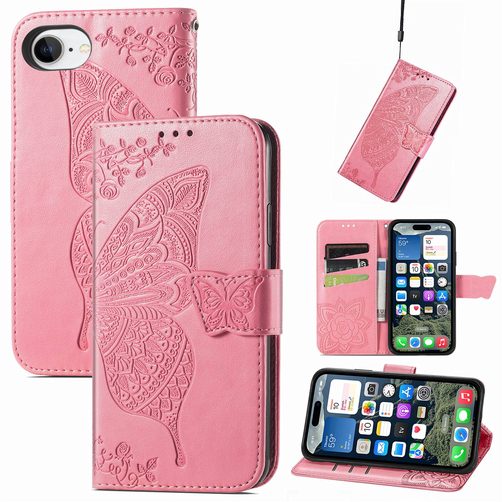 Angle. Dteck - Wallet Case for Apple iPhone 17e/iPhone 16e, Embossed Butterfly Pattern Leather Card Slots Flip Stand Cover+Strap - Pink.