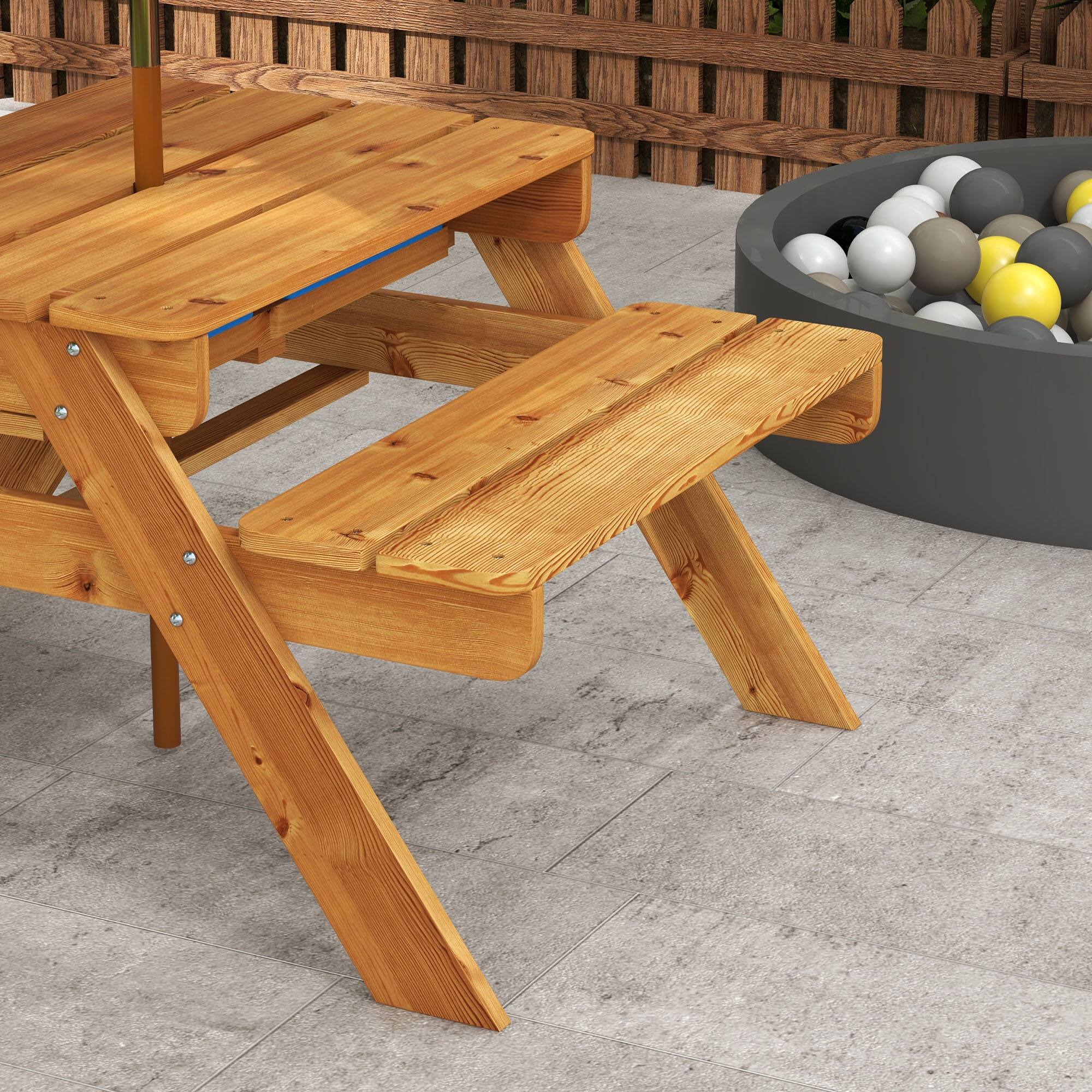 Alt View 5. Outsunny - Kids Picnic Table with Foldable Umbrella, 3 in 1 Sand/Water Activity Table with 2 Play Boxes, Removable Top - Teak.