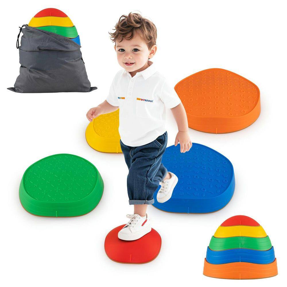 Front. Resenkos - 5-Piece Kids Stepping Stones with Storage Bag - Balance Training Play Set - Multicolor.