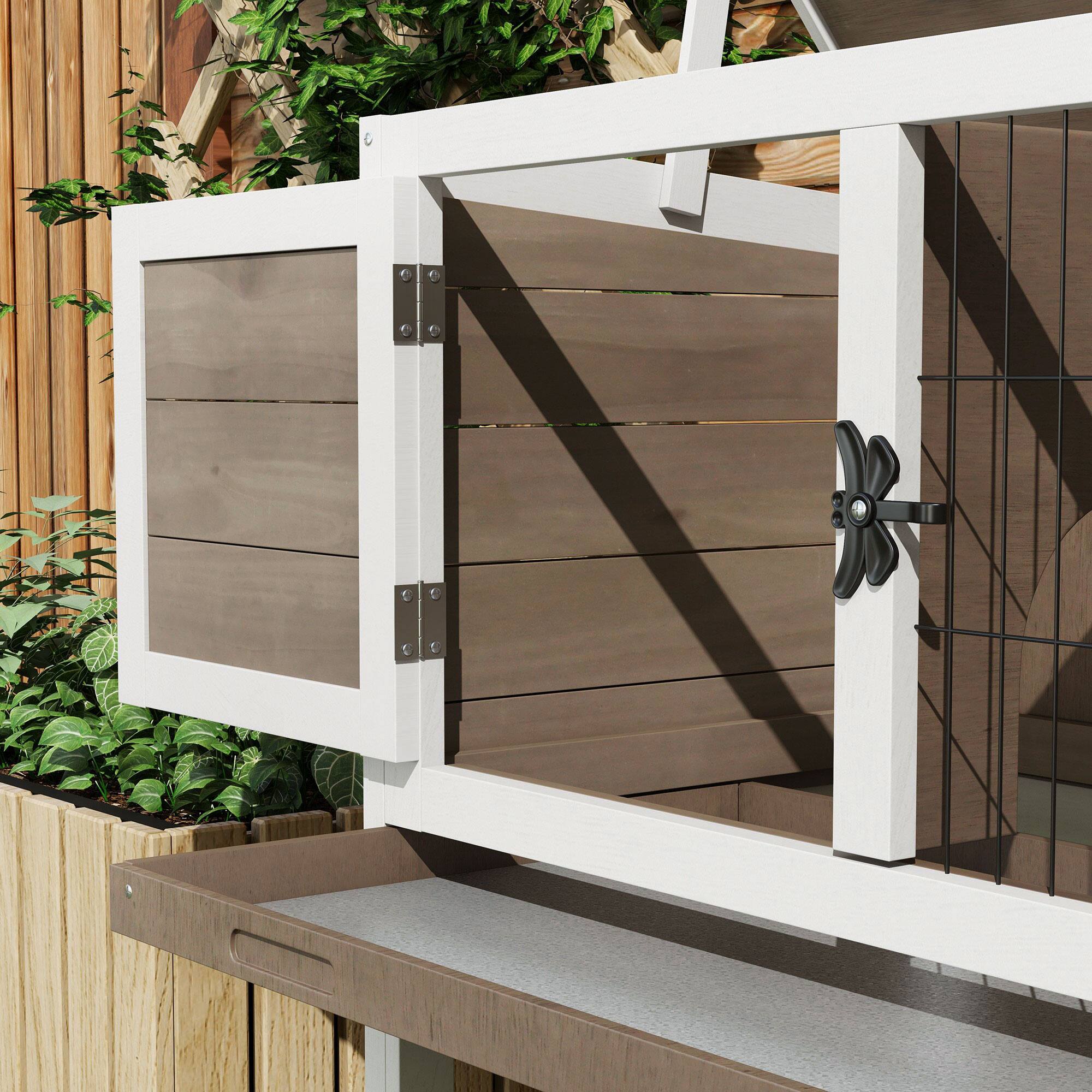 Alt View 4. Pawhut - Elevated Wooden Rabbit Hutch, Indoor/Outdoor Bunny Cage with Roof, Removable Tray for Single, Dwarf, or Guinea Pig.