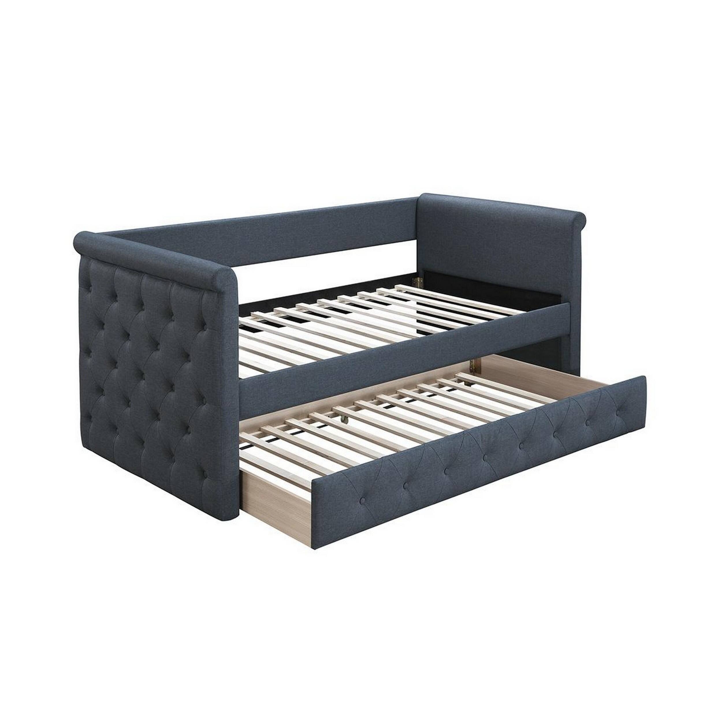 Front. Manhattan Lane - Edra Classic Upholstered Day Bed with Trundle, Tufted Charcoal Gray Burlap - Charcoal Gray.