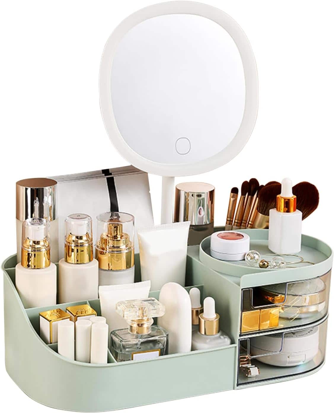 Stamp n Camp - DASITON Makeup Organizer with Rechargeable Mirror,Makeup Brush Holder with 2 Drawers - Green
