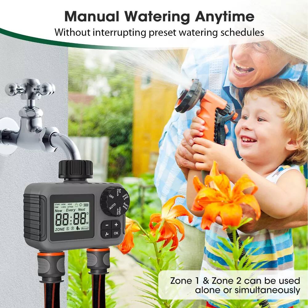 Manual Watering Anytime  
Without interrupting preset watering schedules  

Now Every Next  
88:88  
ZONE 1 & Zone 2 can be used alone or simultaneously
