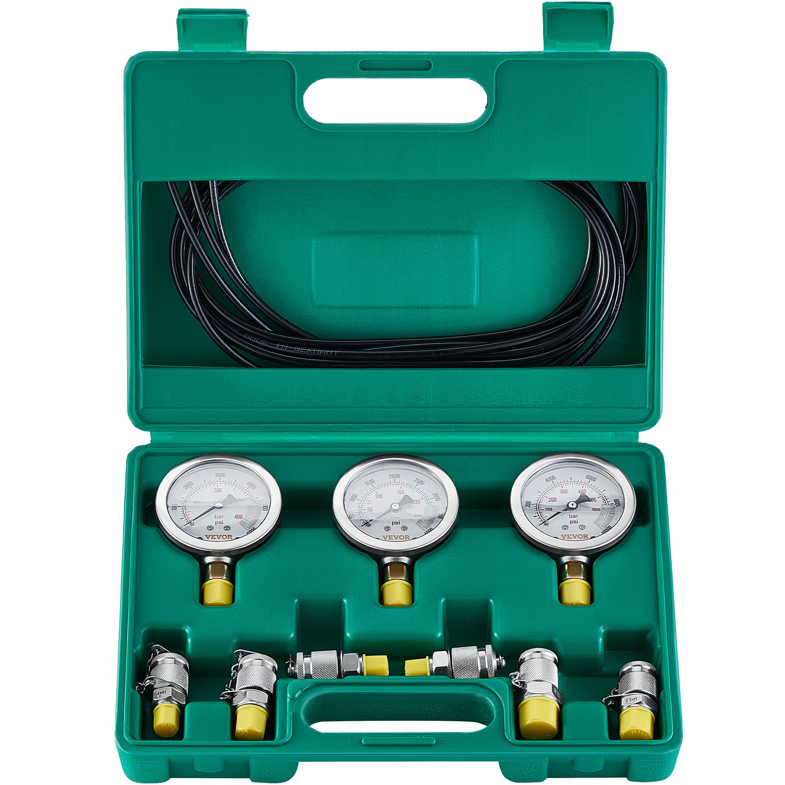 VEVOR - Hydraulic Pressure Test Kit, 250/400/600bar, 3 Gauges 6 Test Couplings 3 Test Hoses, Excavator Hydraulic Test Gauge Set - Green