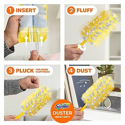 1. INSERT  
2. FLUFF  
3. PLUCK FOR MORE FLUFFINESS  
4. DUST  

Swiffer Duster Heavy Duty