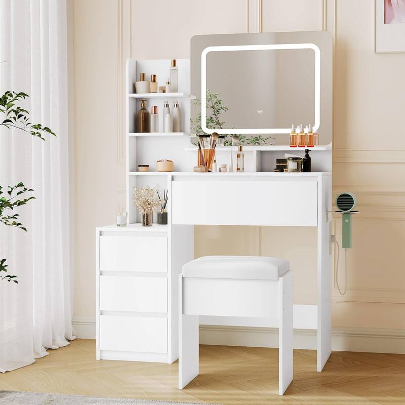 Front. GARVEE - Vanity Desk with Mirror, Power Outlet, USB Ports, Stool, Adjustable LED Light, 4 Drawers, Storage Shelves, White - White.