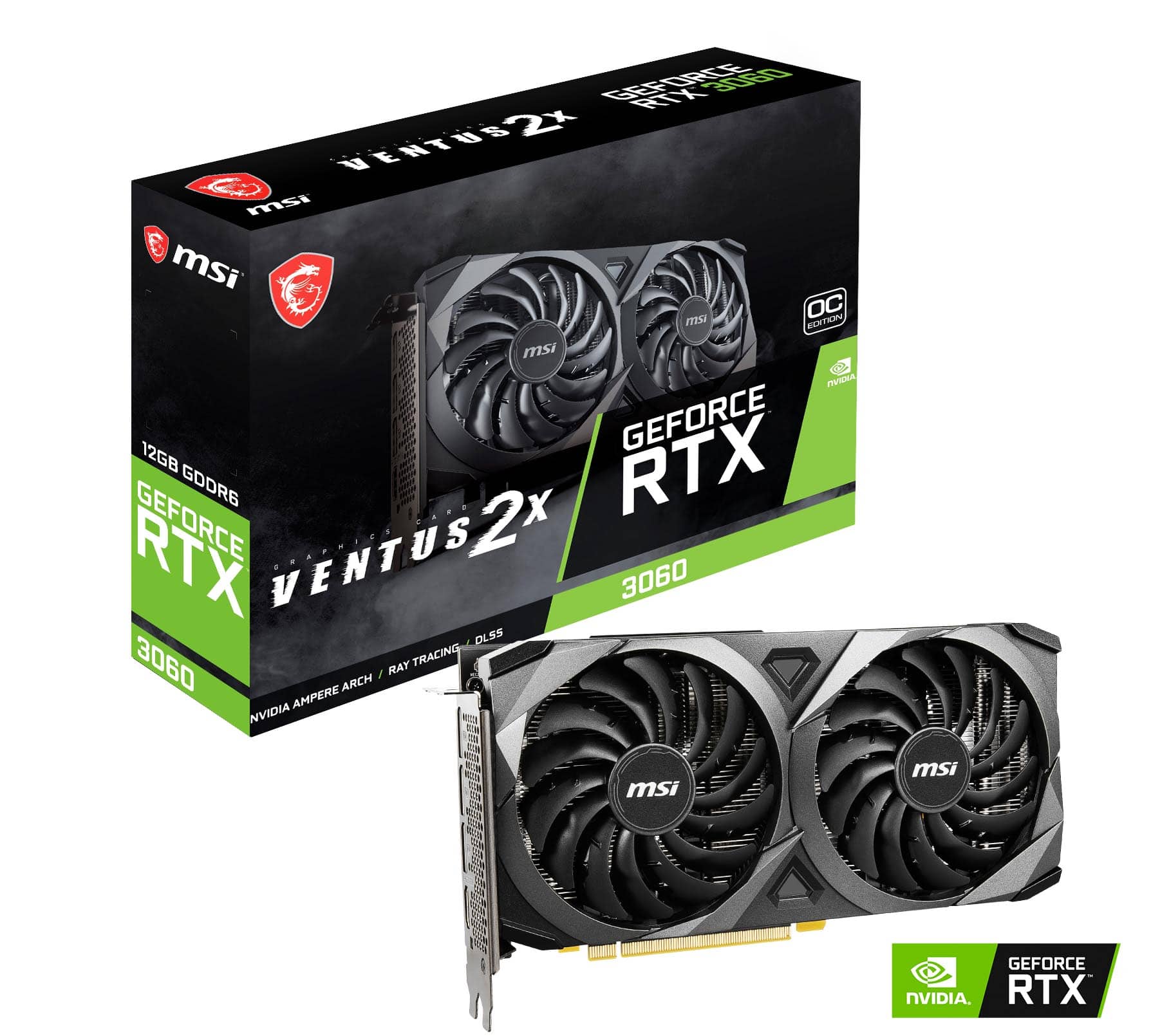 The text on the image is:
"GEFORCE RTX VENTUS 2X msi msi OC EDITION msi D VDA GEFORCE 12GB RTX GDDR6 GEFORCE VENTUS 2X RTX 3060 DLS9 3060 TRACING / RAY ARCH AMPERE NVIDIA SO msi msi GEFORCE NVIDIA RTX"
Corrected and grouped:
"MSI GEFORCE RTX 3060 VENTUS 2X 12GB GDDR6, OC EDITION, NVIDIA AMPERE ARCHITECTURE, RAY TRACING"