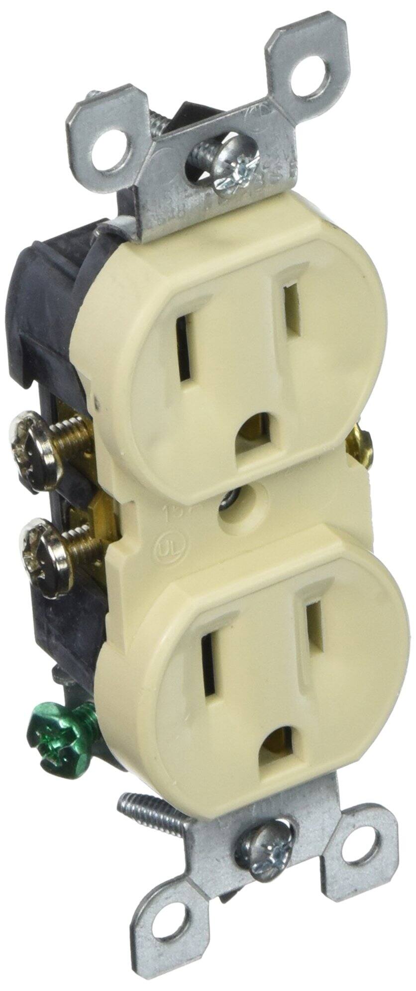 Front. Leviton - Self-Ground 15 Amp 125V NEMA 5-15R Duplex Receptacle - Ivory.