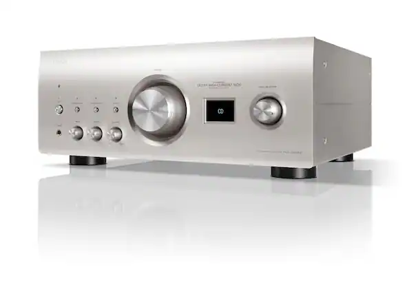 Denon Volia One Ultra High Current MOS-FET amplifier with a silver and black design. It features a CD player and a selector switch for the input.