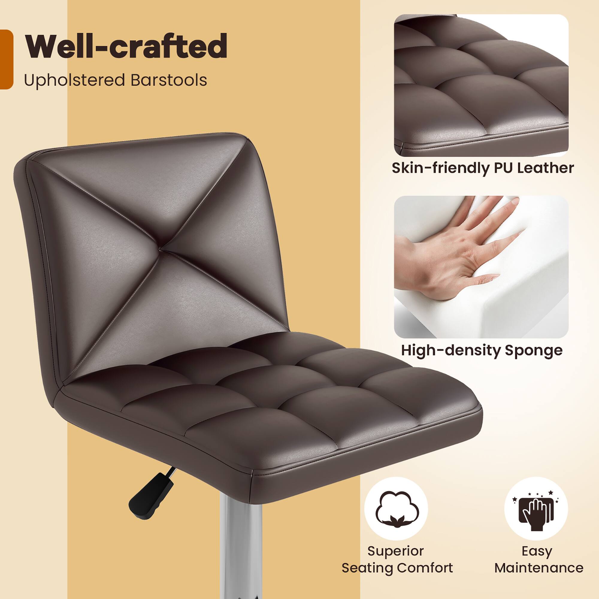 Well-crafted Upholstered Barstools, Skin-friendly PU Leather, High-density Sponge, Superior Seating Comfort, Easy Maintenance