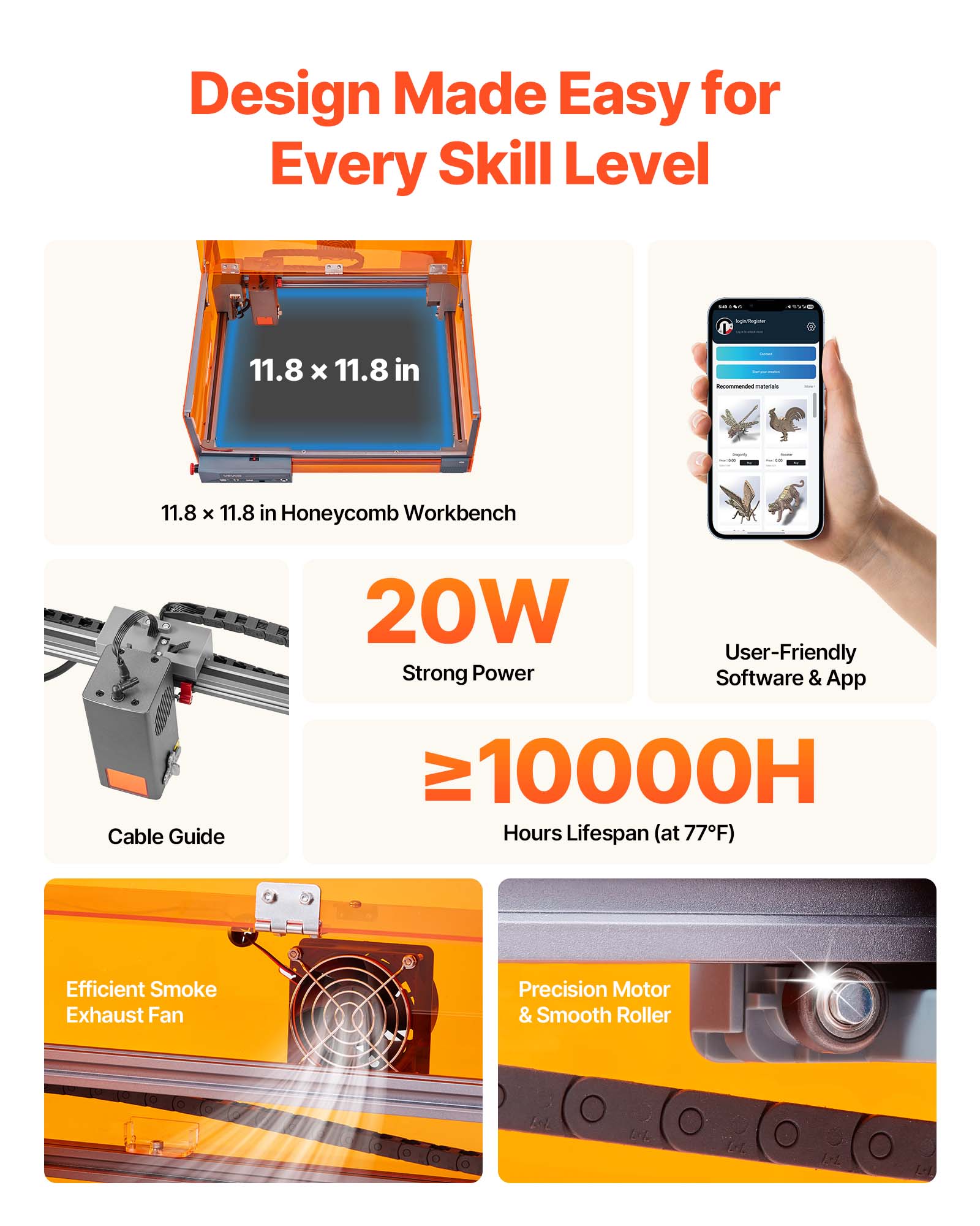 Design Made Easy for Every Skill Level

- 11.8 x 11.8 in Honeycomb Workbench
- 20W Strong Power
- User-Friendly Software & App
- ≥10000H Hours Lifespan (at 77°F)
- Cable Guide
- Efficient Smoke Exhaust Fan
- Precision Motor & Smooth Roller