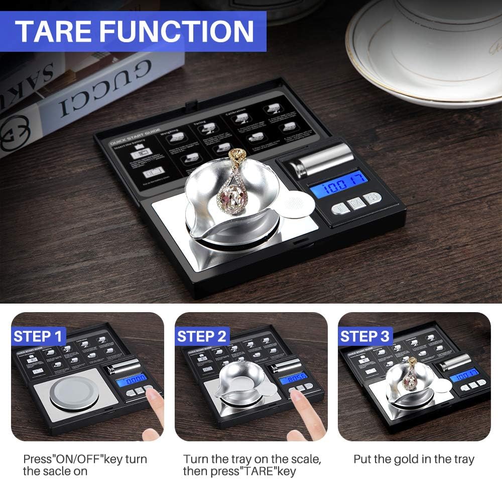 TARE FUNCTION

STEP 1
Press "ON/OFF" key turn the scale on

STEP 2
Turn the tray on the scale, then press "TARE" key

STEP 3
Put the gold in the tray