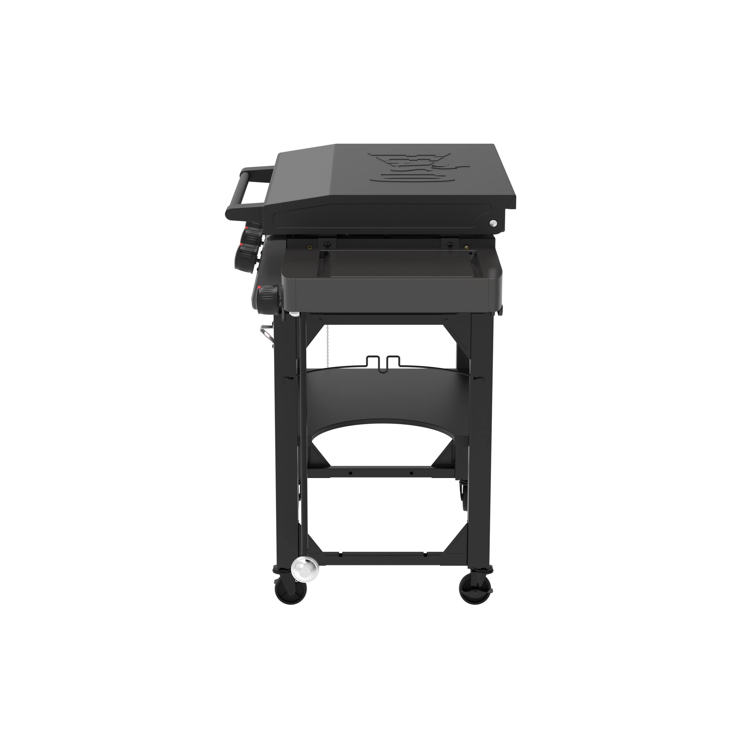 Left. FEASTO - 28-Inch 3-Burner Propane Gas Griddle with 13,000 BTU Side Burner and Hood - Black.
