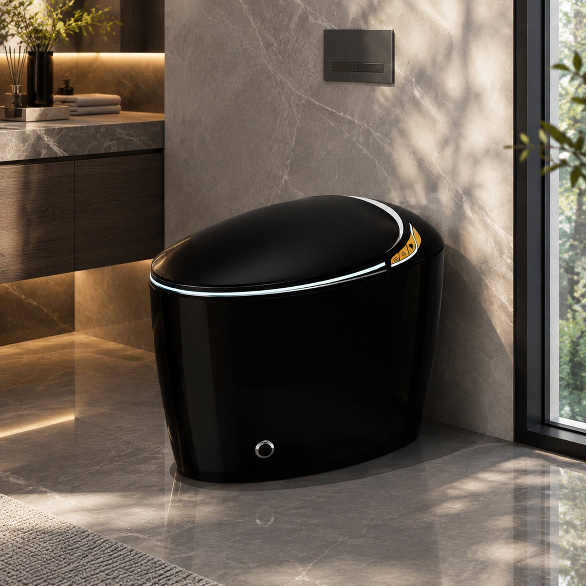 Left. RYHNUYNE - Unique Smart Bidet Toilet With Heated Seat, Auto Open Close Foot Sensor LED Display Nightlight Warm Water Dryer In Black - Black.