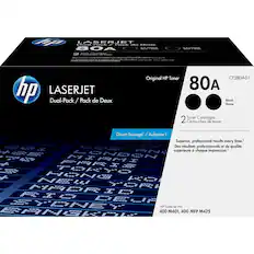 **HP LASERJET Dual-Pack / Pack de Deux**
**Original HP Toner 80A Black / Noire**
**CF280AD1**
**2 Toner Cartridges / 2 Cartouches de toner**
**Great Savings! / Aubaine!**
**Superior, professional results every time. / Des résultats professionnels et de qualité supérieure à chaque impression.**
**HP LaserJet Pro 400 M401, 400 MFP M425**