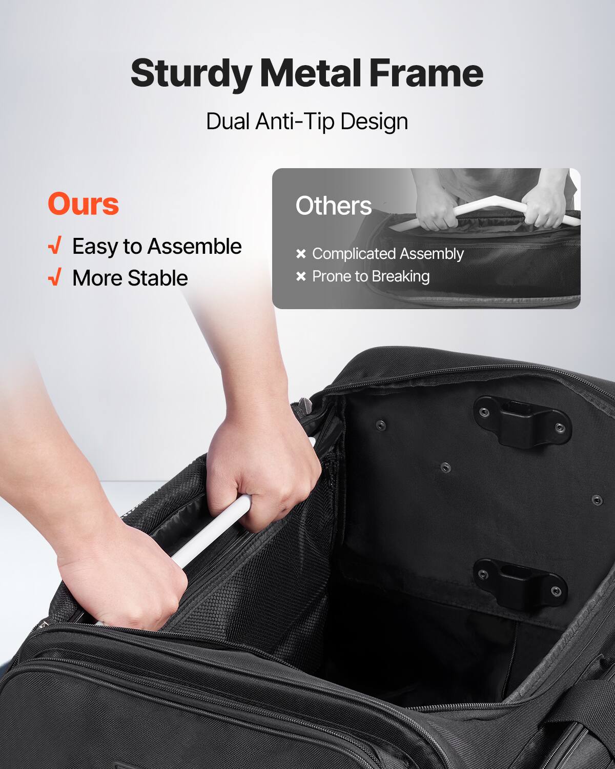 Sturdy Metal Frame  
Dual Anti-Tip Design  

Ours  
✔ Easy to Assemble  
✔ More Stable  

Others  
❌ Complicated Assembly  
❌ Prone to Breaking