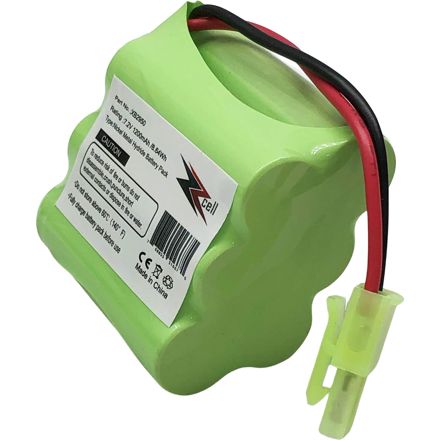 Part No. XB2950  
Rating: 7.2V 1200mAh 8.64Wh  
Type: Nickel Metal Hydride Battery Pack  

CAUTION  
To reduce risk of fire or burns, do not disassemble, crush, puncture, short circuit, dispose in fire, or store above 60°C. Do not charge above 60°C. Do not expose to water. Fully charge battery pack before use.  

Made in China  
CE 1667