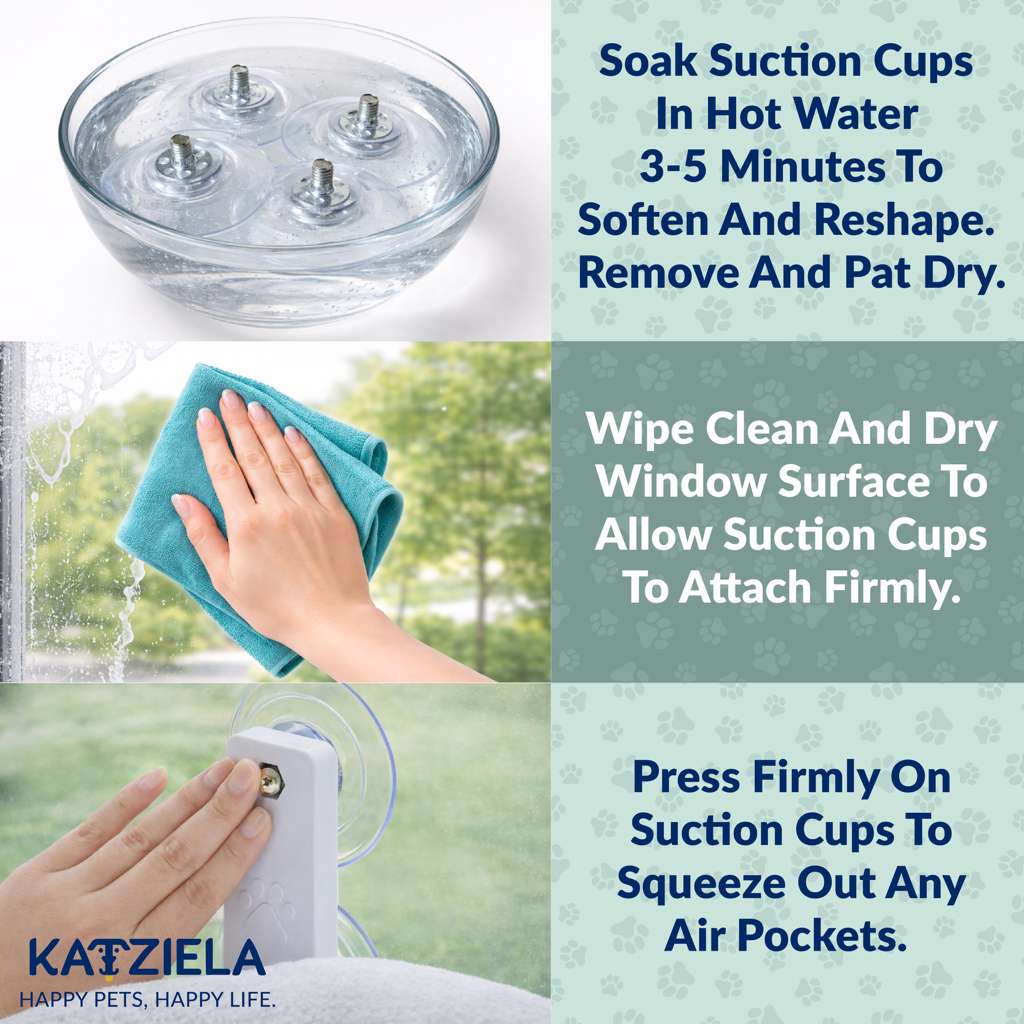 Soak Suction Cups In Hot Water 3-5 Minutes To Soften And Reshape. Remove And Pat Dry. Wipe Clean And Dry Window Surface To Allow Suction Cups To Attach Firmly. Press Firmly On Suction Cups To Squeeze Out Any Air Pockets.