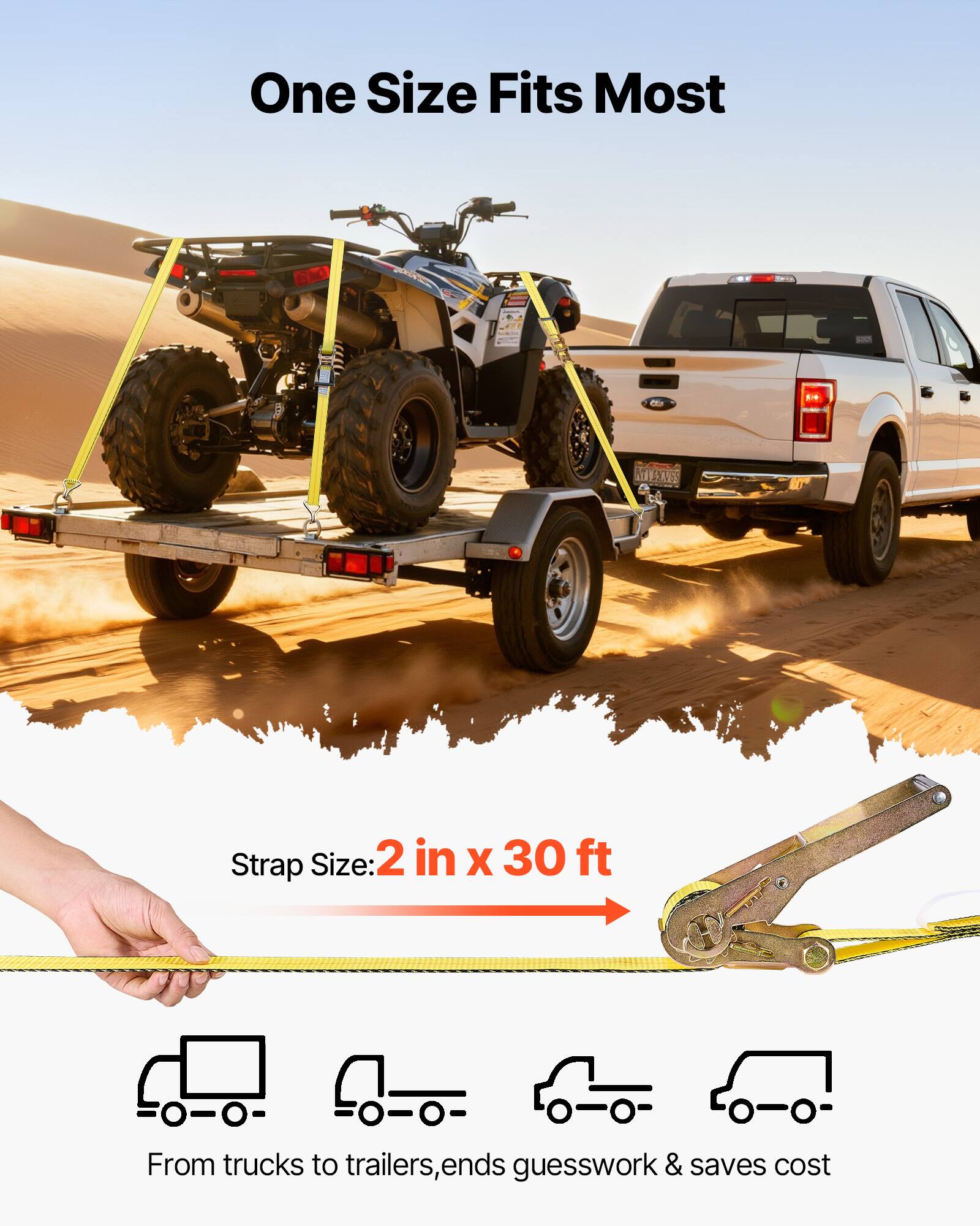 One Size Fits Most

Strap Size: 2 in x 30 ft

From trucks to trailers, ends guesswork & saves cost