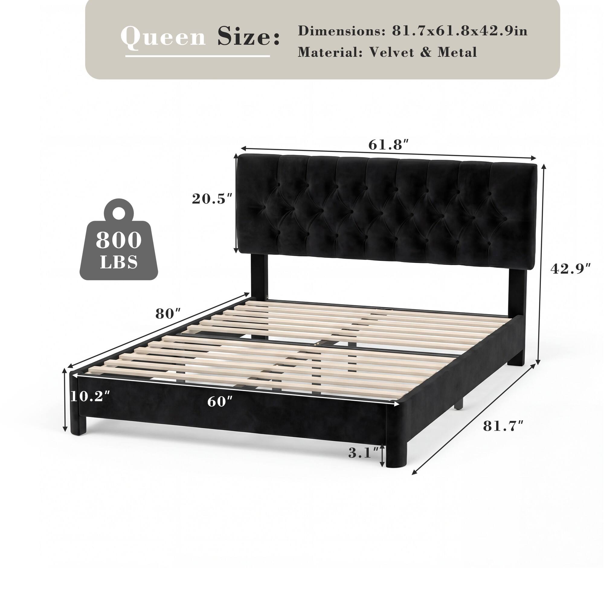 Size: Queen  
Dimensions: 81.7x61.8x42.9in  
Material: Velvet & Metal  
Weight Capacity: 800 LBS