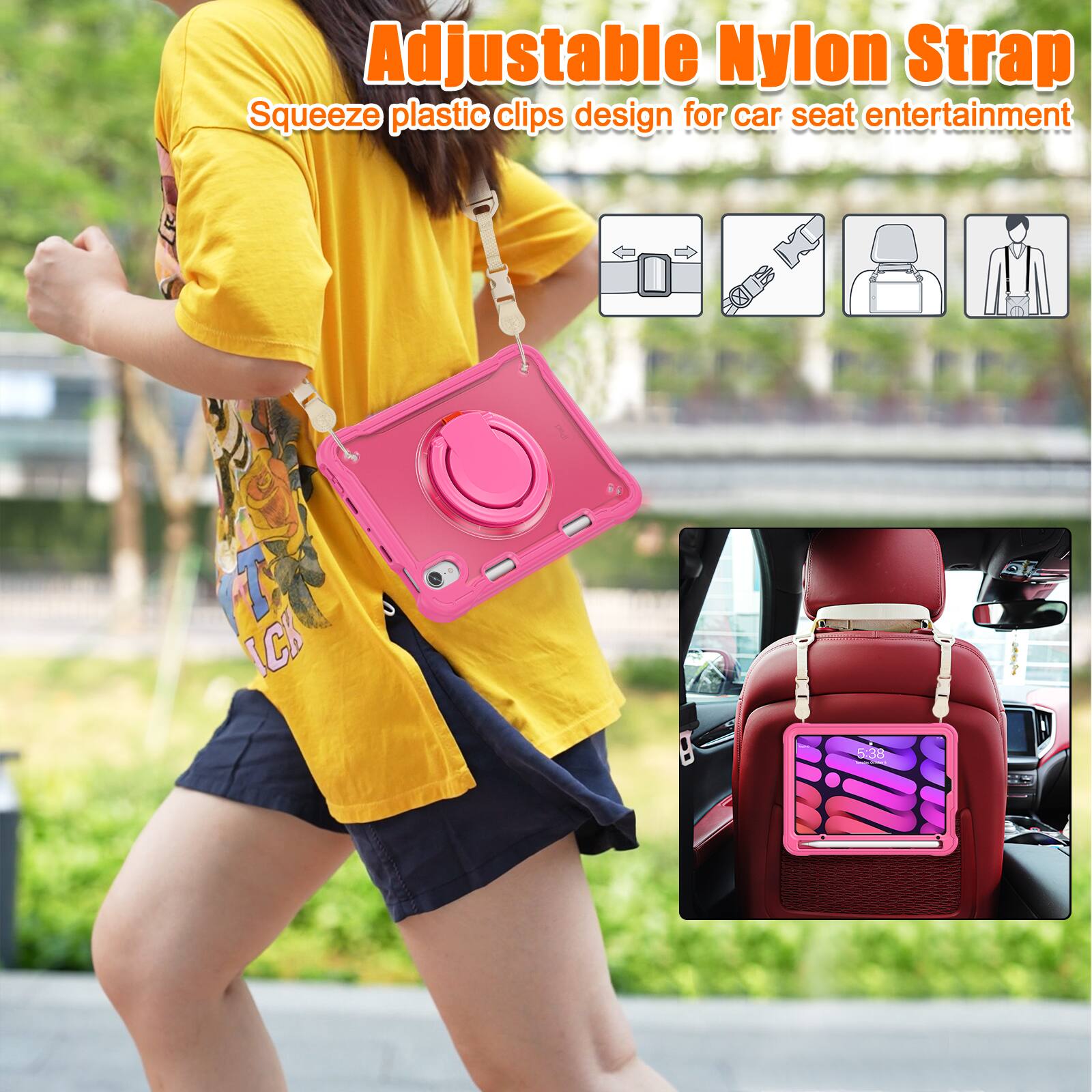 Adjustable Nylon Strap  
Squeeze plastic clips design for car seat entertainment