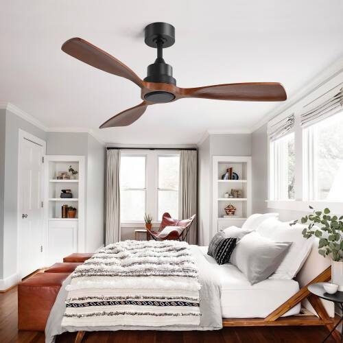 Angle. LUCKY ONE - 48" Ceiling Fan No Light Remote 3 Solid Wood Blades Outdoor DC Motor - Black.