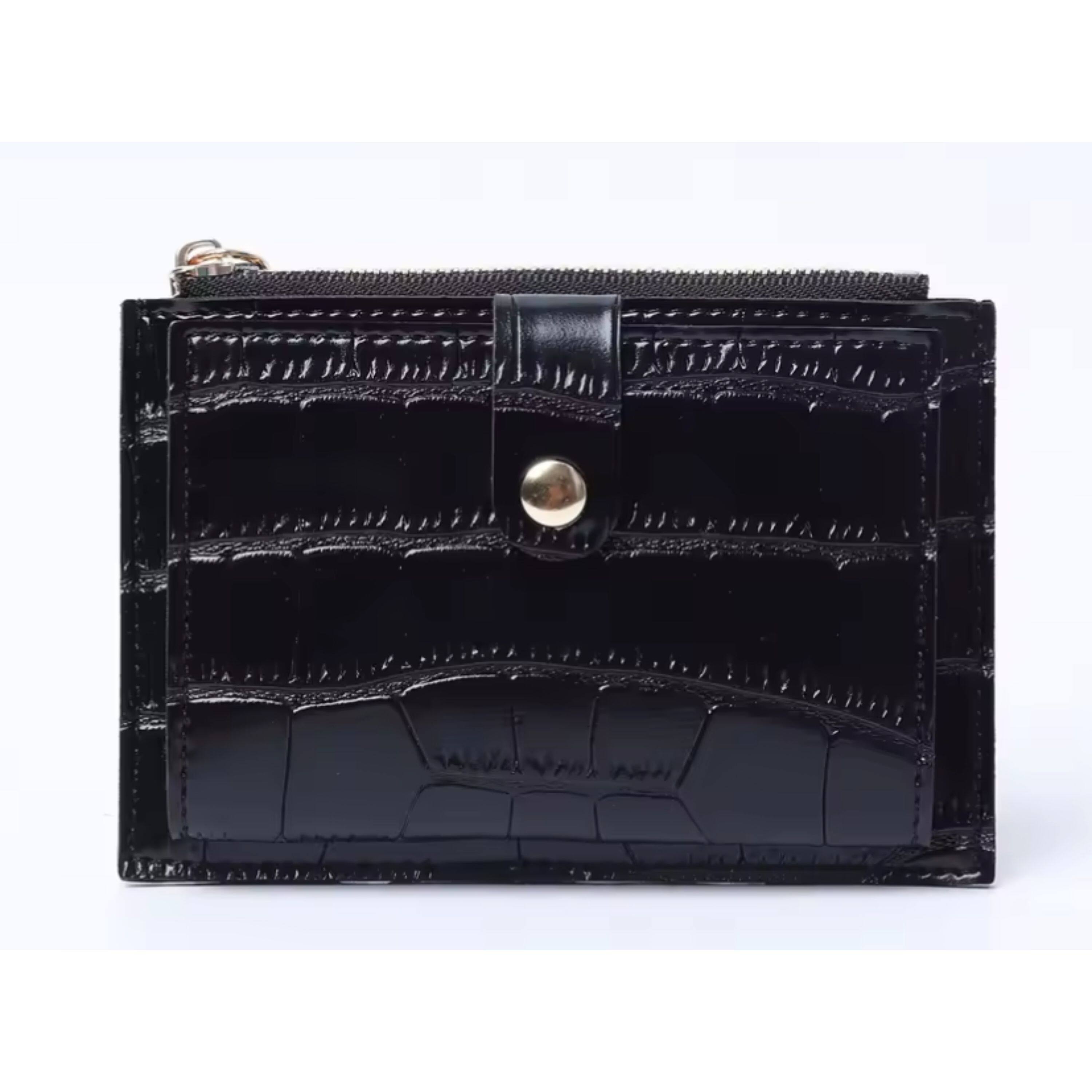 Front. Kitcheniva - Women's Ultra-Thin Lightweight Crocodile Print Wallet, Black - Holds Cards, Coins & Cash - Black.