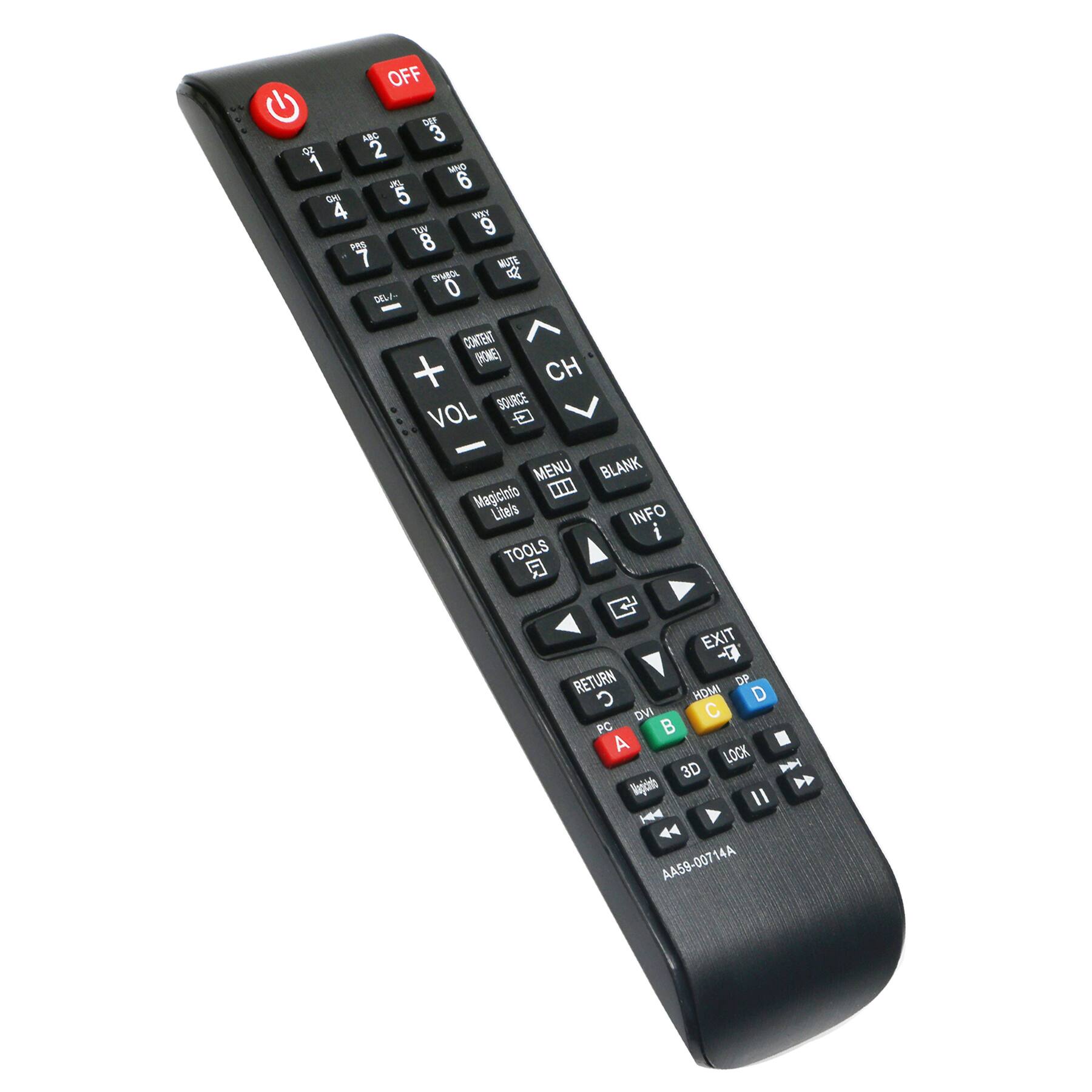 OFF  
1 2 3  
4 5 6  
7 8 9  
0  
CH  
VOL  
MENU  
BLANK  
INFO  
TOOLS  
EXIT  
RETURN  
DP  
HDMI  
DVI  
PC  
A B C  
LOCK  
3D  
MagicInfo  
Lifes  
AA59-00714A