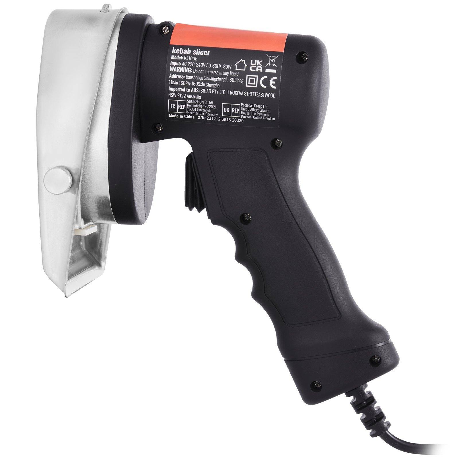 kebab slicer  
Model: KST0DE  
Input: AC 220-240V 50-60Hz  
WARNING: Do not immerse in any liquid  
Address: Baoshang 17hao Shuangchengle 503lmng 1602A 1509ghl Shanghai  
Imported to AUS: SHAD PTY LTD, 1 ROKEVA STREET EASTWOOD, NSW 2122 Australia  
EC REP: SHANGHAI GUILIN ELECTRONICS CO., LTD. 1602A Baoshang 17hao Shuangchengle 503lmng 1602A 1509ghl Shanghai  
UK REP: ROKEVA STREET EASTWOOD, PAULDECK GROUP LTD, Limited by Guarantee, Limited by Guarantee Edward, 52330  
Made in China  
S/N: 231212 2 2 Uabed Kigton 5815 20330