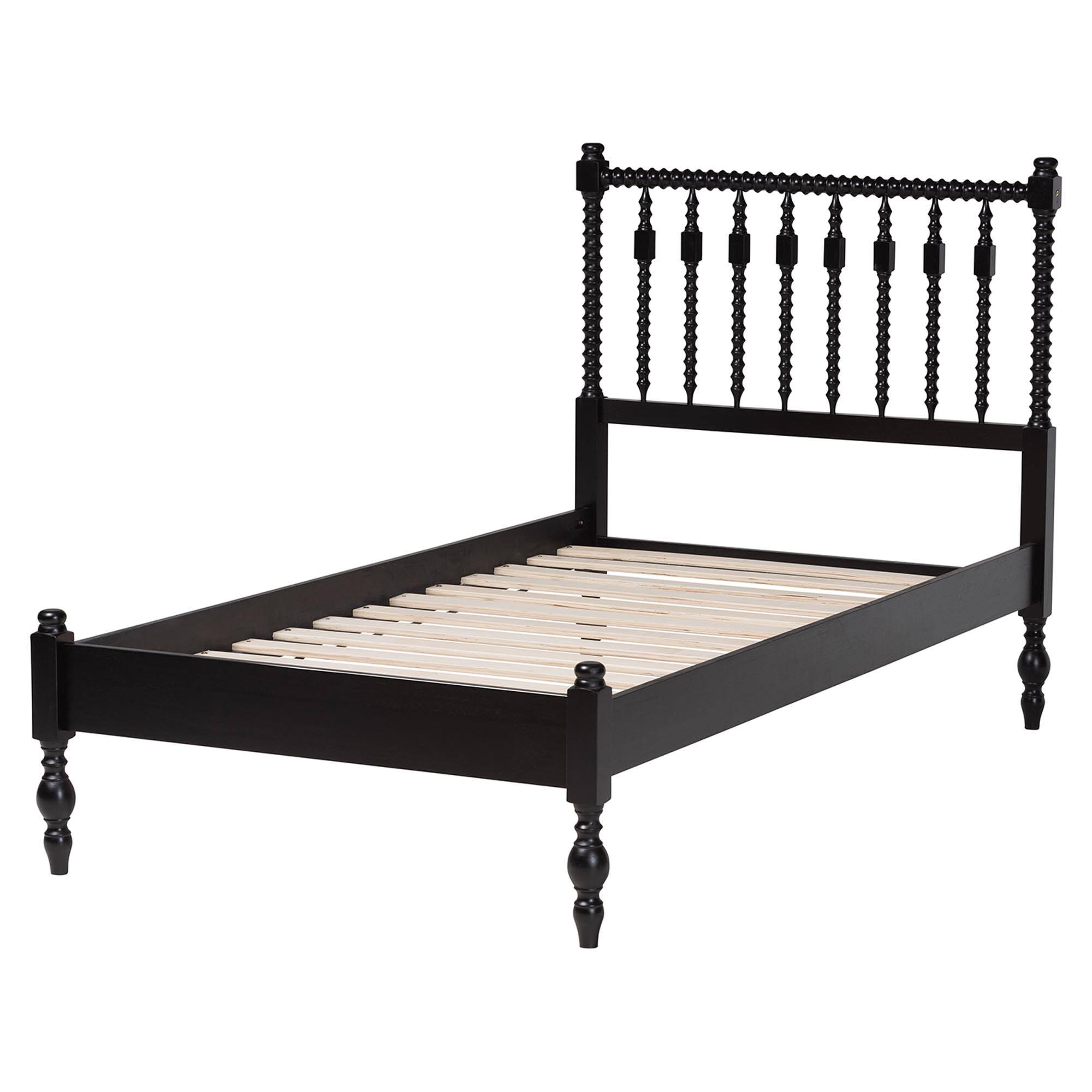 Left. Baxton Studio - Callison Spindle Platform Bed - Turned Farmhouse Bed Frame with Spoked Headboard and Sculpted Legs, Twin - Black.