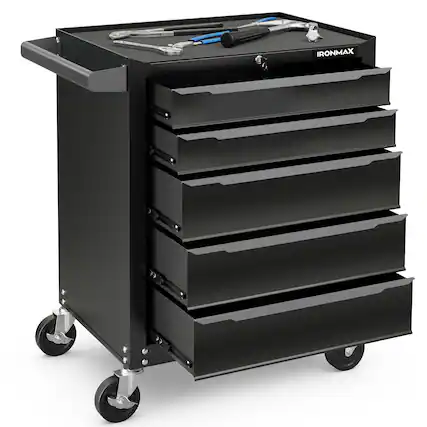 Front. Gymax - Gymax Rolling Steel Tool Chest 5-Drawer Tool Storage Cabinet Central Keyed Locking System - Black.