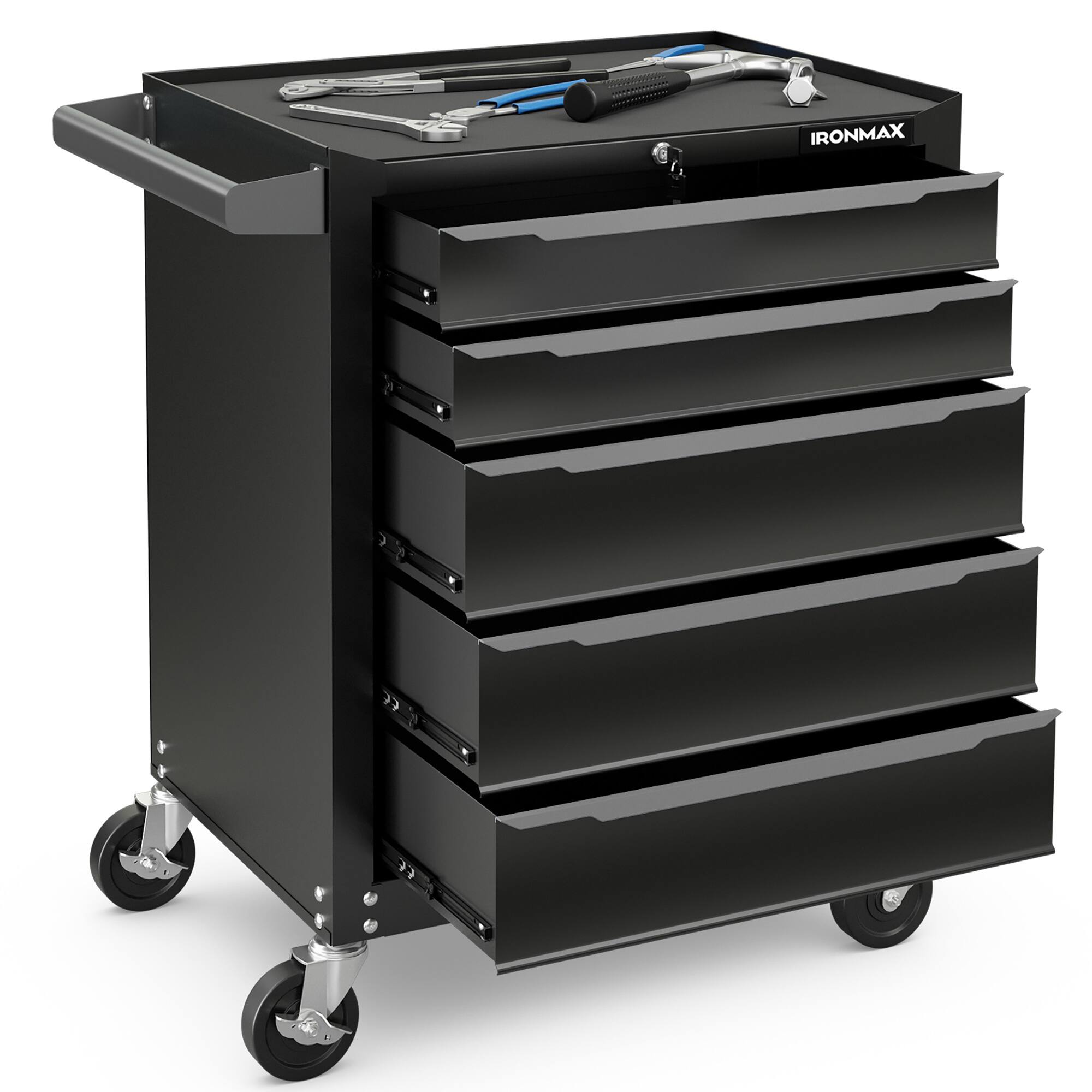 Front. Gymax - Gymax Rolling Steel Tool Chest 5-Drawer Tool Storage Cabinet Central Keyed Locking System - Black.