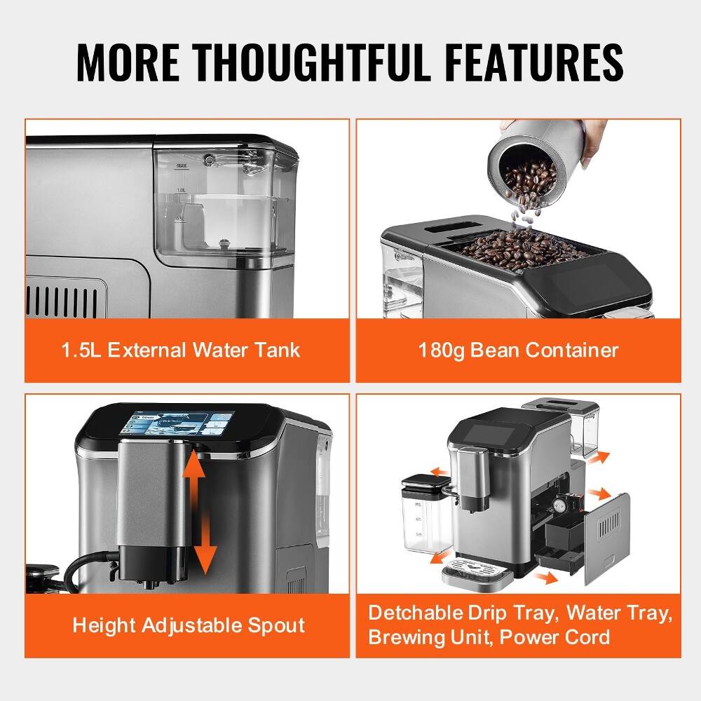 MORE THOUGHTFUL FEATURES

- 1.5L External Water Tank
- 180g Bean Container
- Height Adjustable Spout
- Detachable Drip Tray, Water Tray, Brewing Unit, Power Cord