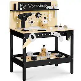 Best Choice Products - Wooden Kids Workbench with Battery-Powered Drill, Tool Set & Workshop Accessories, Ages 3-5 - Black / Natural