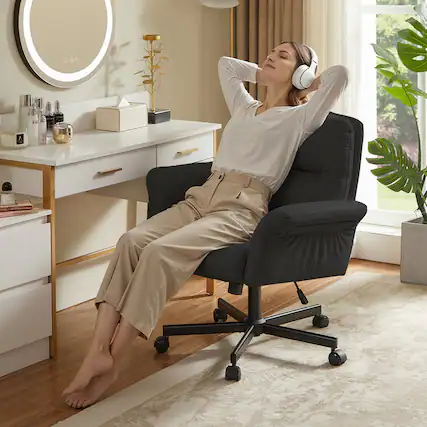 Front. Bestier - Ergonomic Cross-Legged Office Chair with Flip-Up Arms, Swivel Wheels & Adjustable Backrest for Computer Office Desk - Black PU Leather.