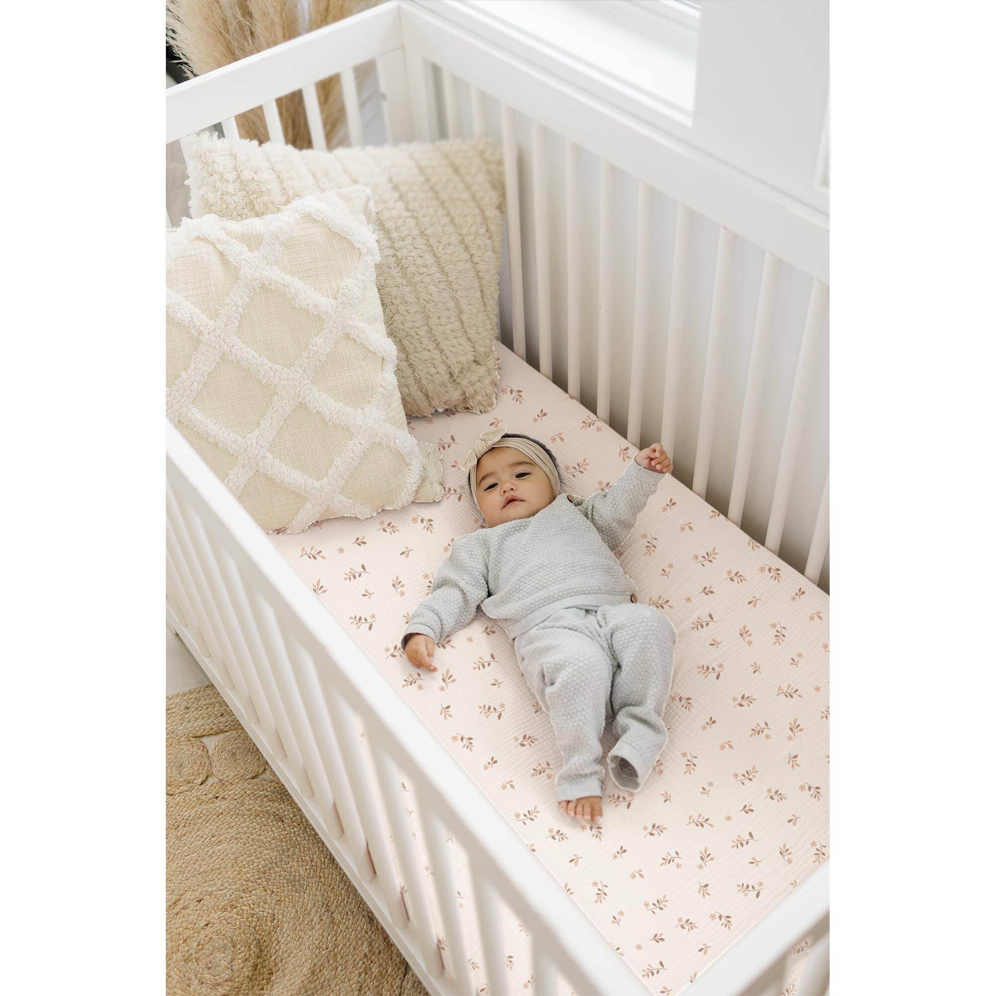 Back. MAGICAL RUBS - Muslin Sheets For Girl Boy 2 Soft And Breathable Cotton Standard Mattress 52"x 28" (pink Sun Khaki Leaf) - Floral, Pink Pack N Play Sheets.