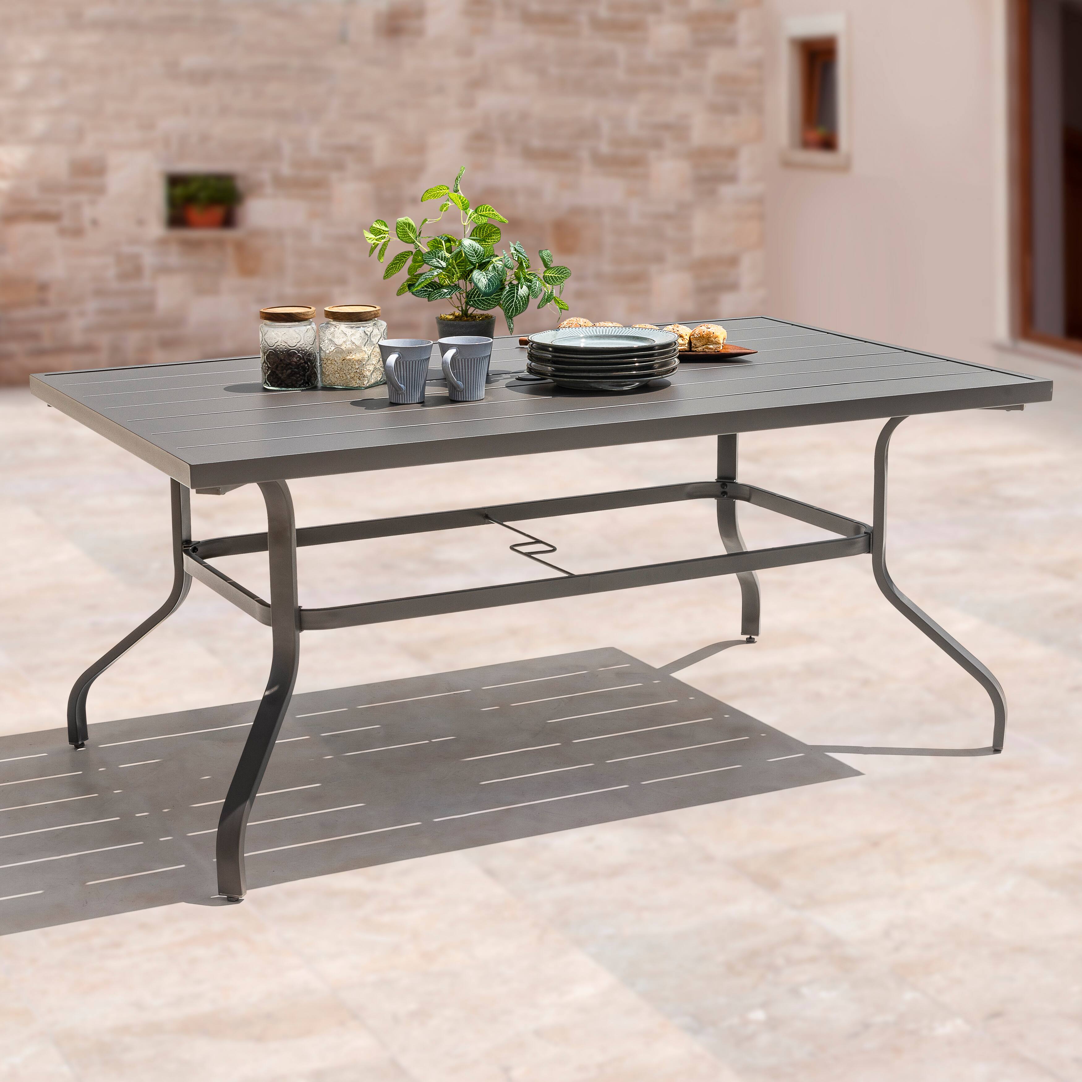 Left. Nuu Garden - Outdoor Rectangle Powder-coated Iron Dining Table with 1.57'' Umbrella Hole, Slatted Top - Gray.