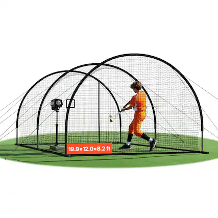 Front. VEVOR - Baseball Batting Cage, 19.9 x 12.0 x 8.2 FT Freestanding Portable Batting Cage, Hitting Cages with 30-Ply Knotted HDPE - Black.