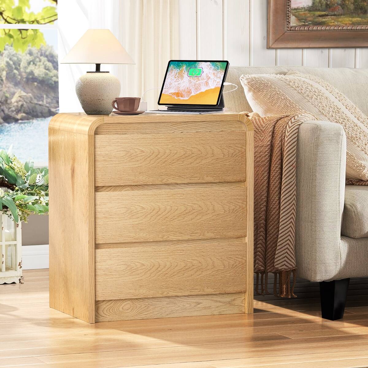 Angle. Loheer - Loheer Nightstand with Charging Station, Three Drawer Nightstand, 25 Inch Tall Modern Wood Bedside Table - Antique Natural.
