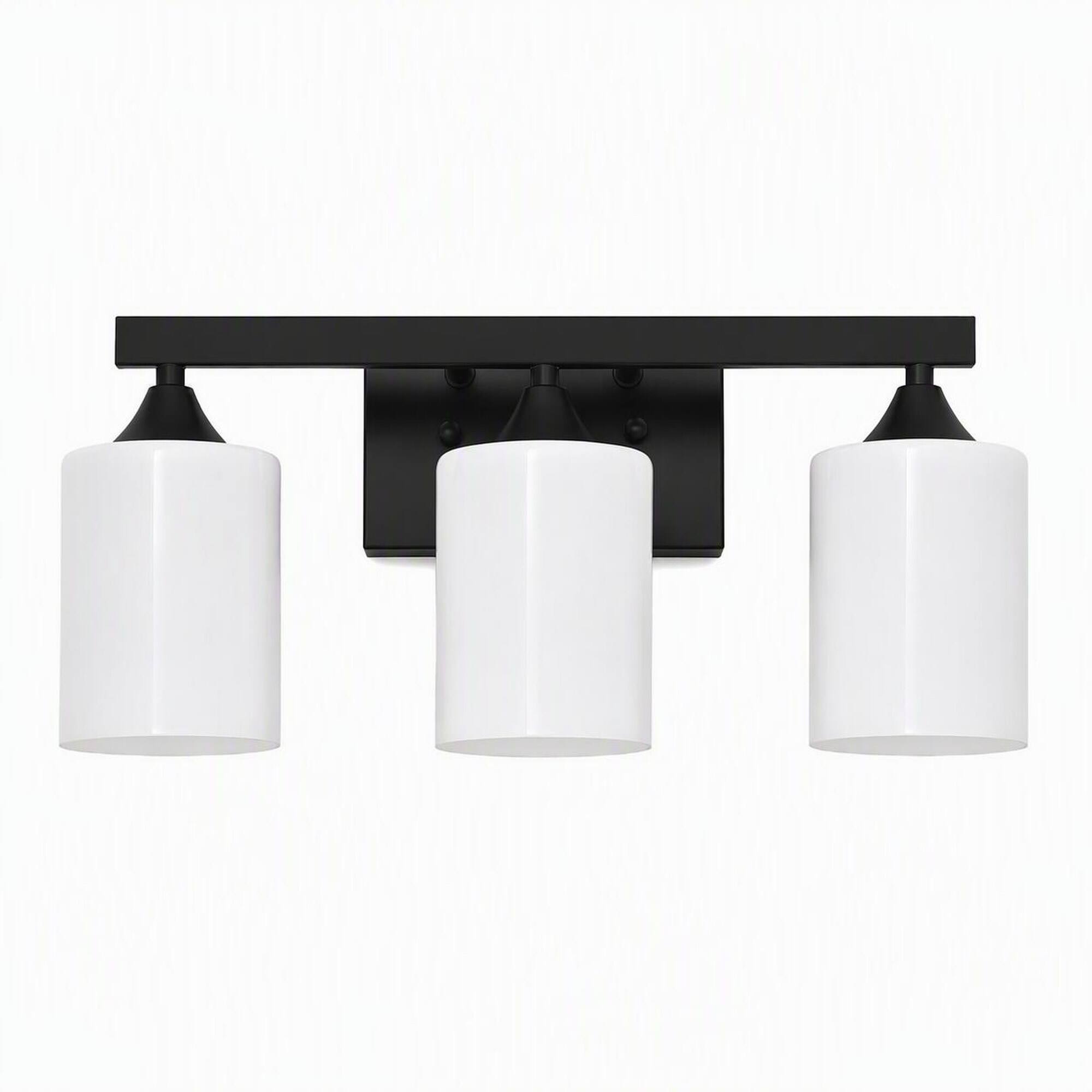 Front. RYHNUYNE - Matte Black 3-Light Bathroom Vanity Light, Moisture-Resistant Metal Wall Sconce with Frosted Glass Shades.