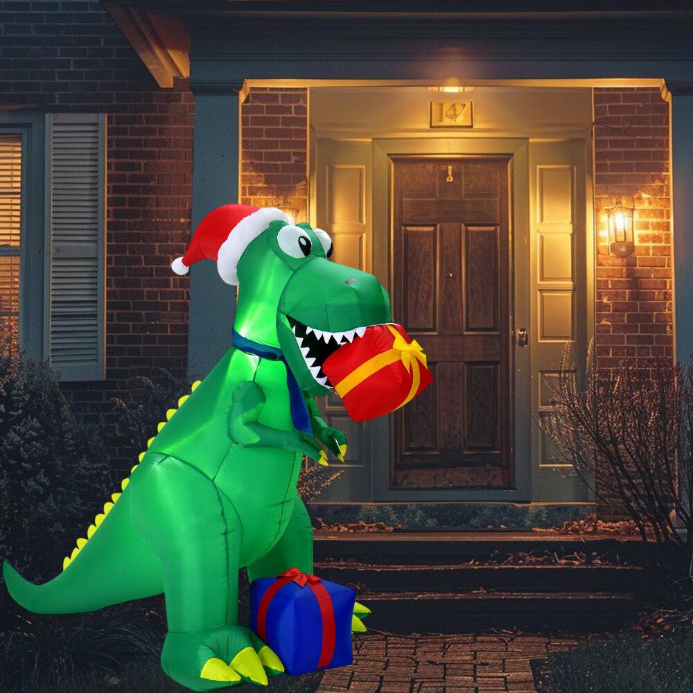Front. BreeBe - 6FT Inflatable Christmas Dinosaur Decoration for Indoor and Outdoor Use - Green.