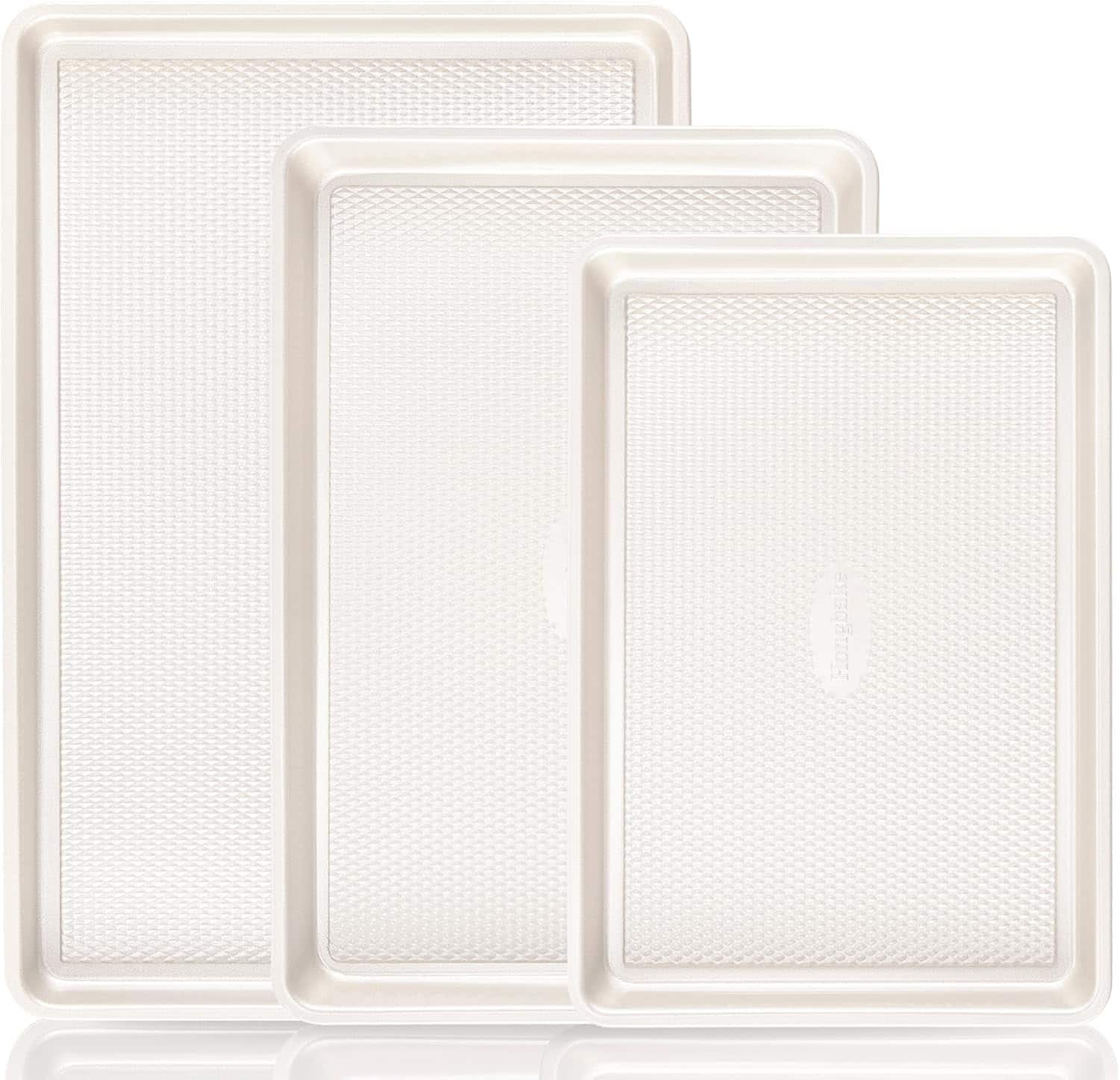 HONGBAKE - 3 Pack Nonstick Ceramic Baking Sheet Pan Set for Oven, Heavy Duty 0.8mm Thick Aluminized Steel Cookie Trays for Cooking - Cream