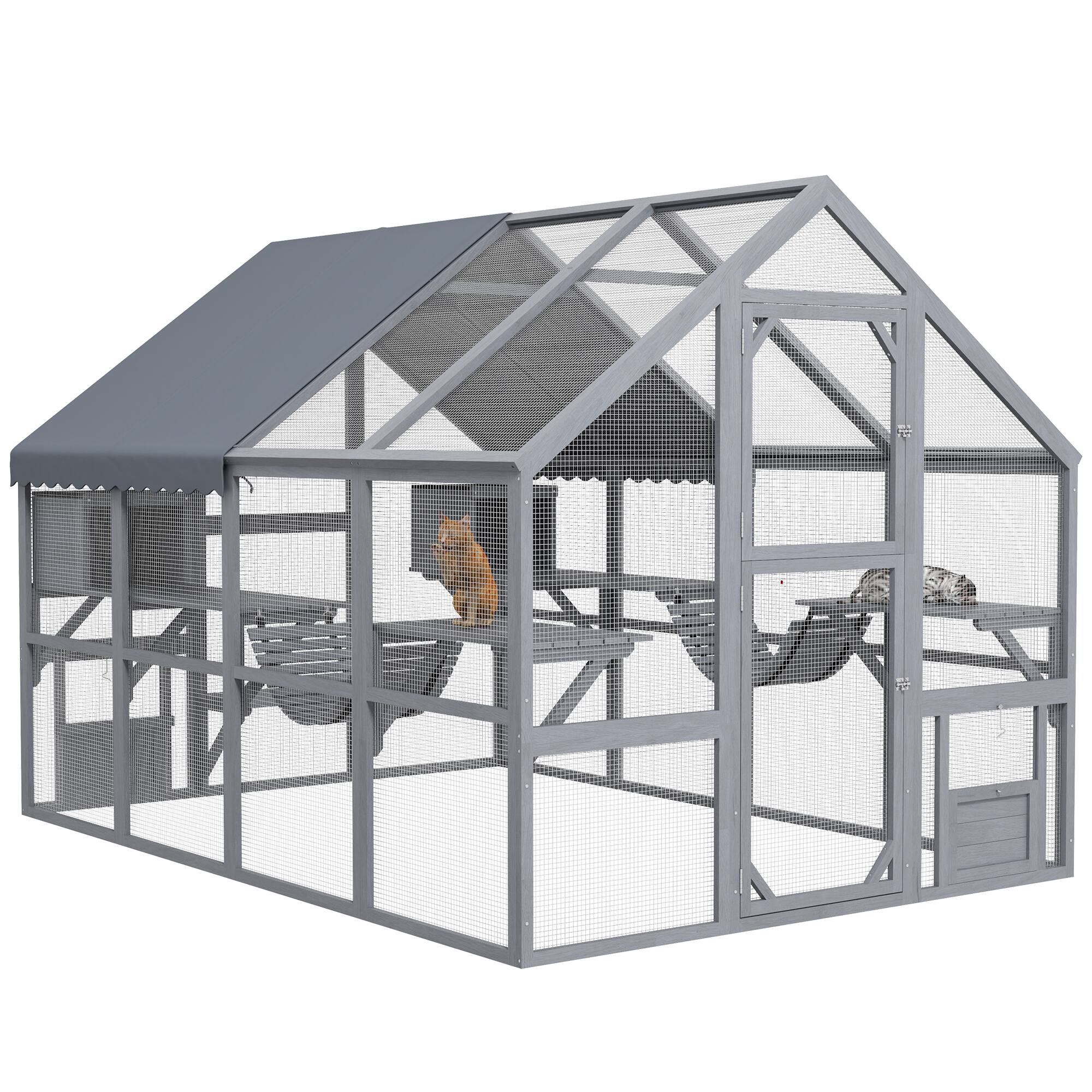 Pawhut - Large Catio Outdoor Enclosure, for Multiple Kittens, Waterproof Cover, 2 Condos, 6 Platforms, 110"x73"x74"