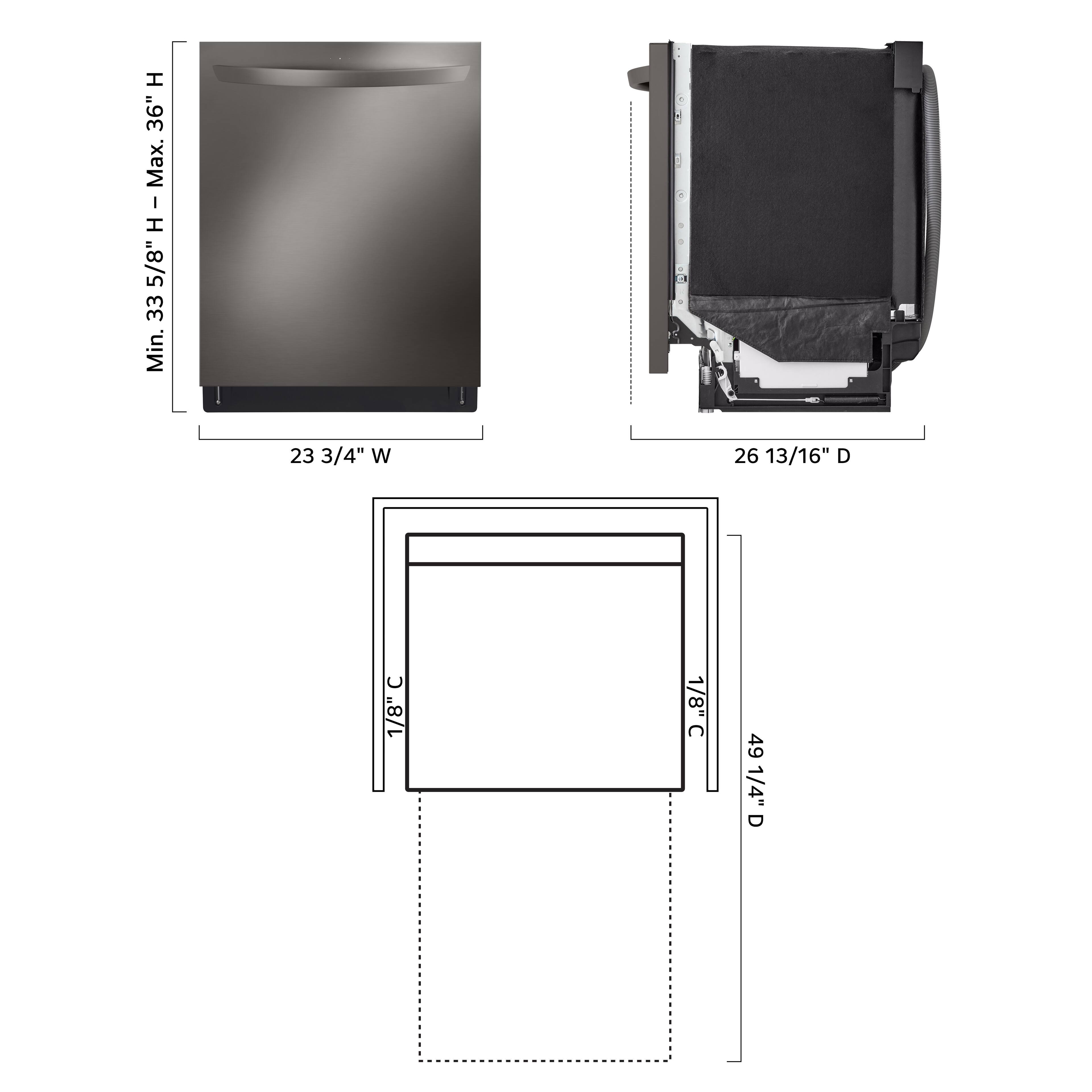 The text on the image reads:
H 36" Max. I 5/8" H - Max. 5/8" H 33 Min. 23 3/4" W 26 13/16" D 1/8" 1/8"C C 49 1/4" D
This text is describing the dimensions and specifications of a dishwasher. The dimensions include a height of 36 inches, a width of 26 13/16 inches, and a depth of 1/8 inch. The specifications include a maximum height of 5/8 inch, a minimum height of 33 inches, and a maximum width of 23 3/4 inches.