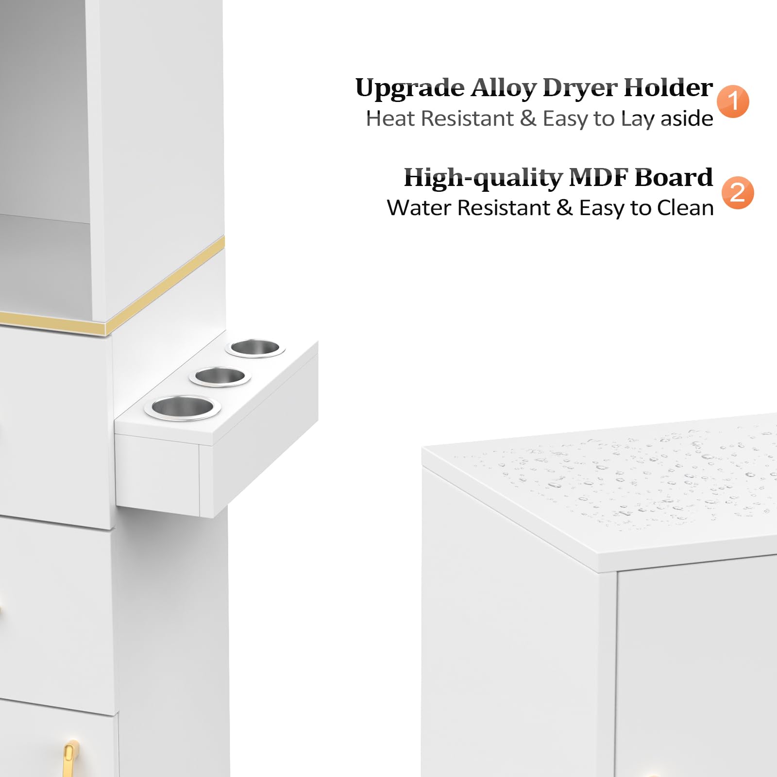 Upgrade Alloy Dryer Holder  
1. Heat Resistant & Easy to Lay aside  
High-quality MDF Board  
2. Water Resistant & Easy to Clean
