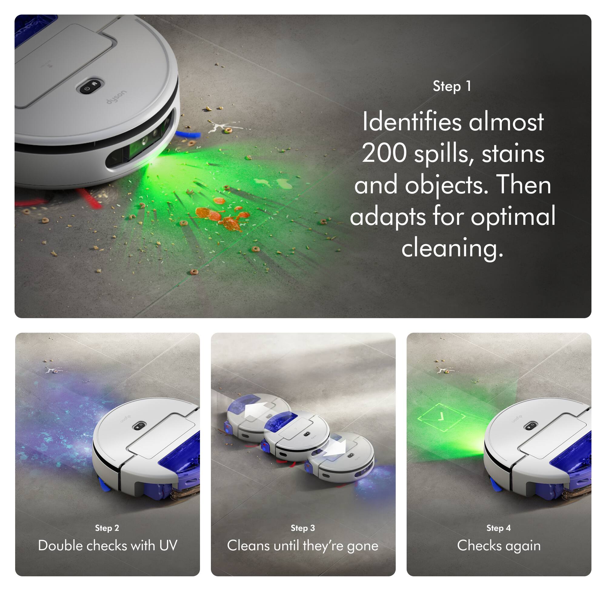 Step 1 Identifies almost 200 spills, stains and objects. Then adapts for optimal cleaning.
Step 2 Double checks with UV
Step 3 Cleans until they're gone
Step 4 Checks again