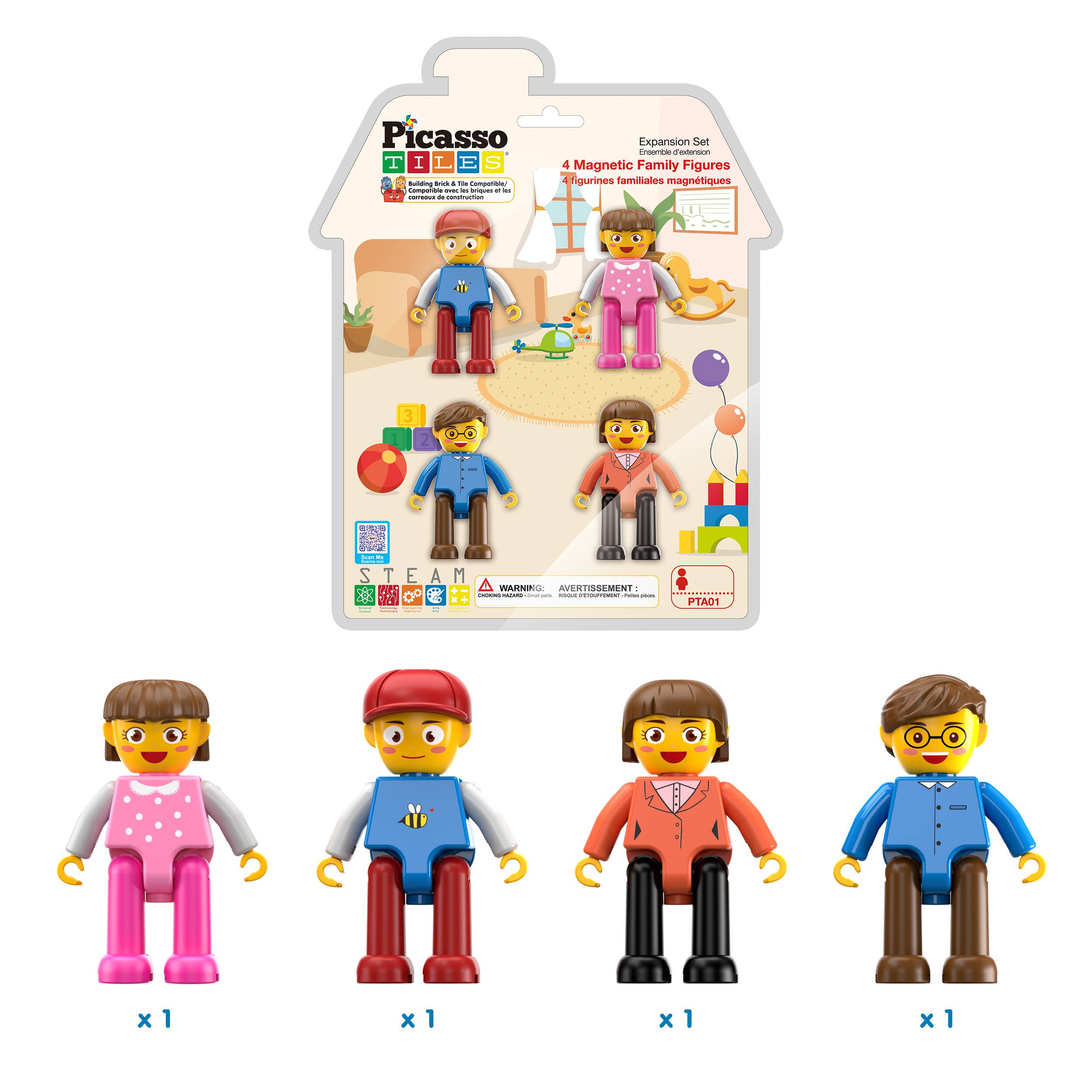 Picasso Tiles  
Building Brick & Tile Compatible / Brique de construction compatible  

Expansion Set  
4 Magnetic Family Figures  
4 figurines familiales magnétiques  

STEAM  
WARNING:  
CHOKING HAZARD - Small parts. Not for children under 3 years.  

AVERTISSEMENT:  
PTAO1  

x 1  
x 1  
x 1  
x 1